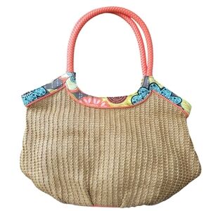 Vera Bradley Flower Shower Rattan Woven Bucket Tote Bag Purse Summer Beach Pool